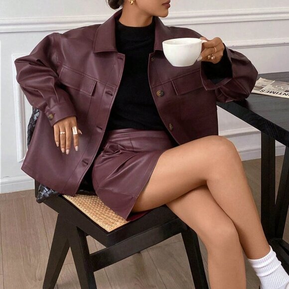 Burgundy Casual Women's Pu Jacket Coat & Mini Skirt coord set - Picture 2 of 6